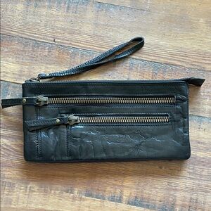 latico Black Leather Wristlet Clutch with Dual Zip Pockets NF